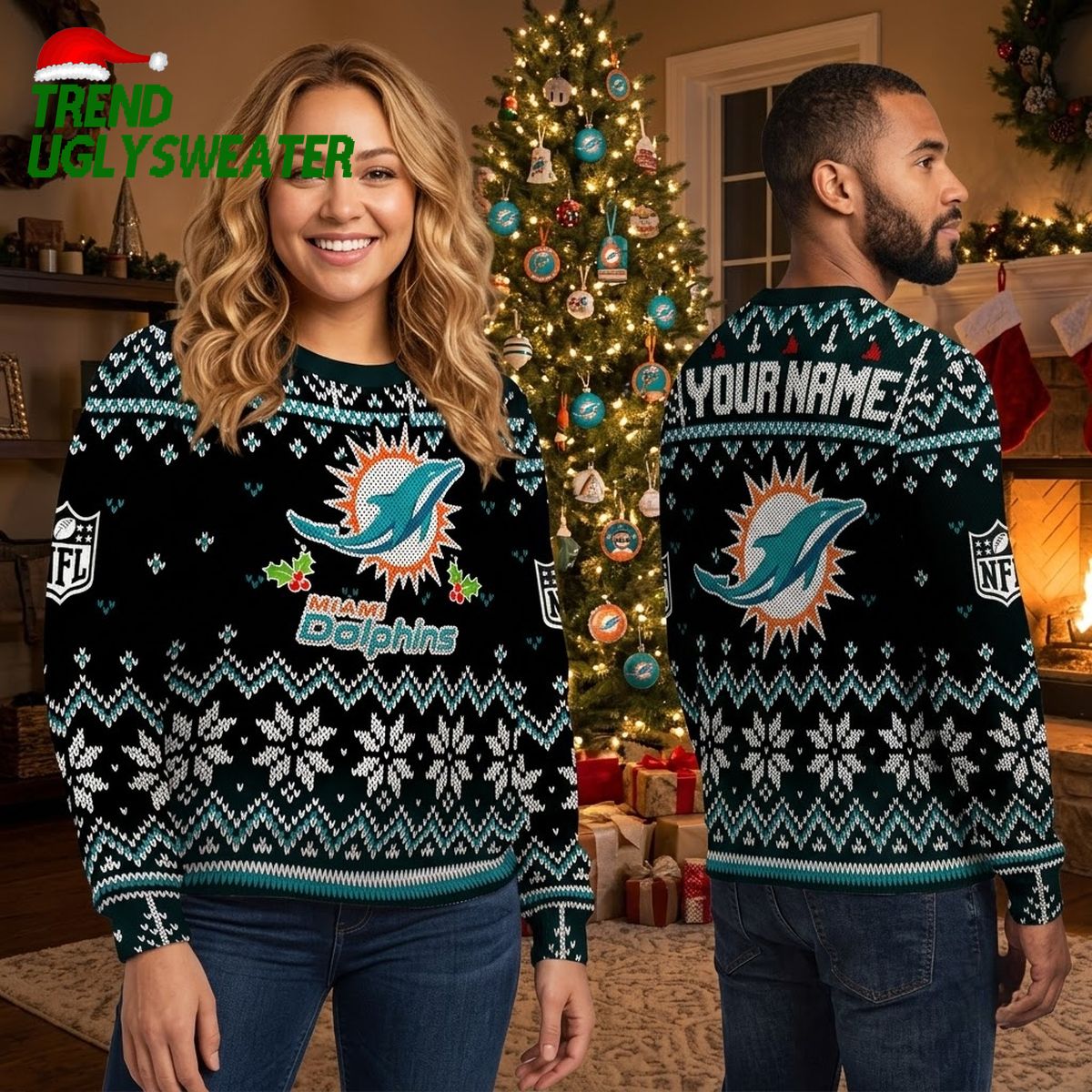 miami dolphins custom name ugly christmas sweater miami dolphins custom name ugly christmas sweater