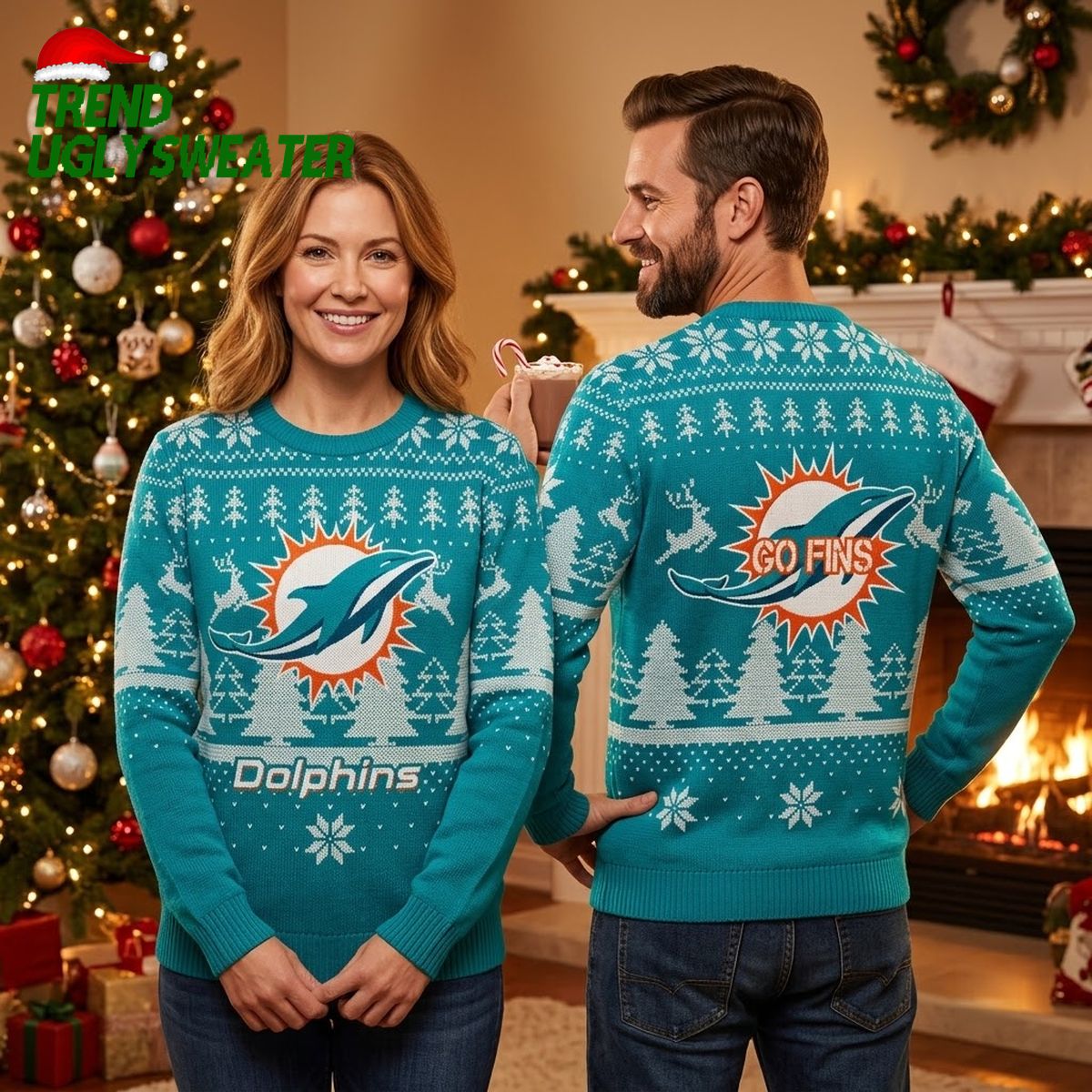 miami dolphins go fins ugly christmas sweater miami dolphins go fins ugly christmas sweater