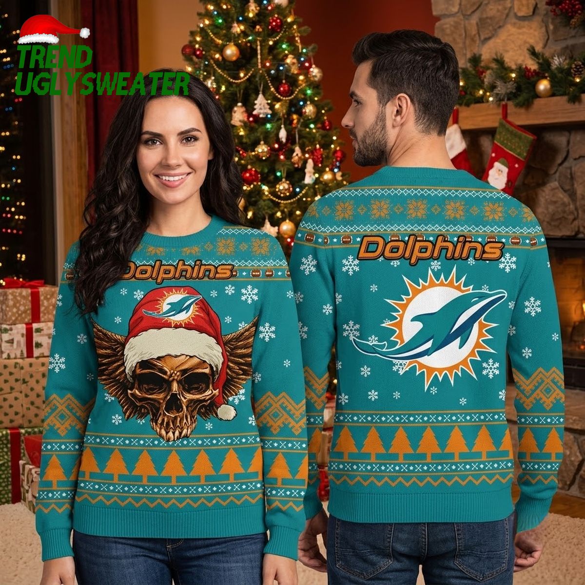 miami dolphins golden skull santa hat ugly christmas sweater miami dolphins golden skull santa hat ugly christmas sweater