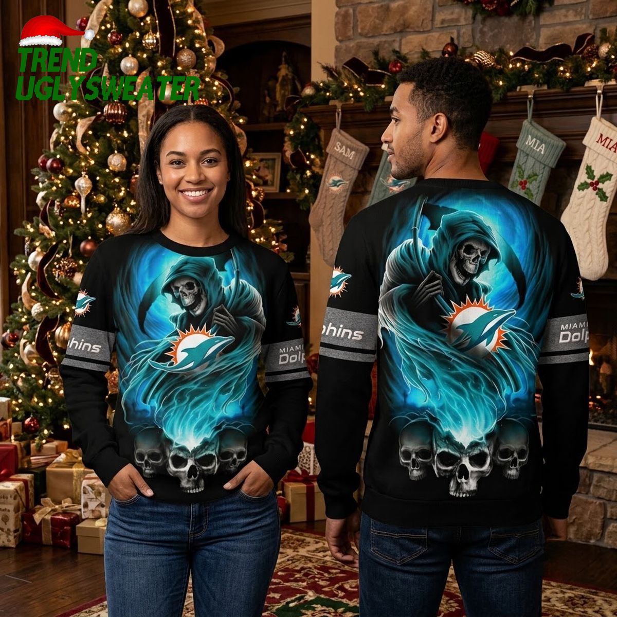miami dolphins grim reaper and skull ugly christmas sweater miami dolphins grim reaper and skull ugly christmas sweater