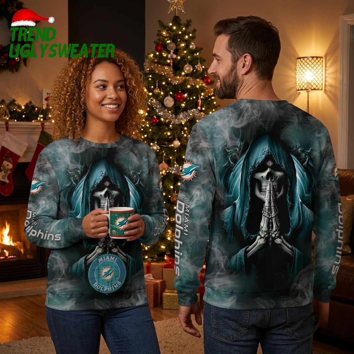 miami dolphins grim reaper prayer ugly christmas sweater miami dolphins grim reaper prayer ugly christmas sweater
