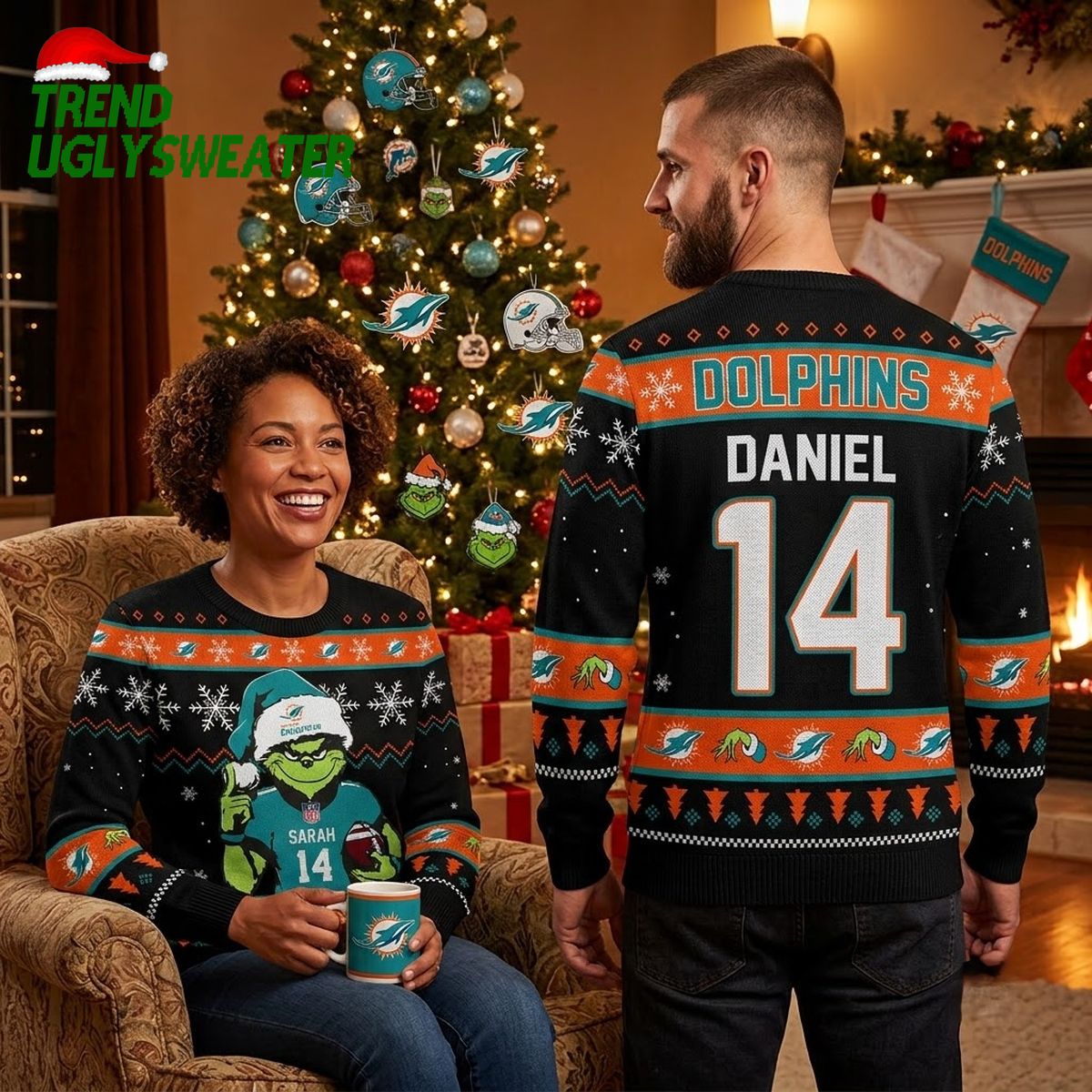miami dolphins grinch holding football custom name ugly christmas sweater miami dolphins grinch holding football custom name ugly christmas sweater
