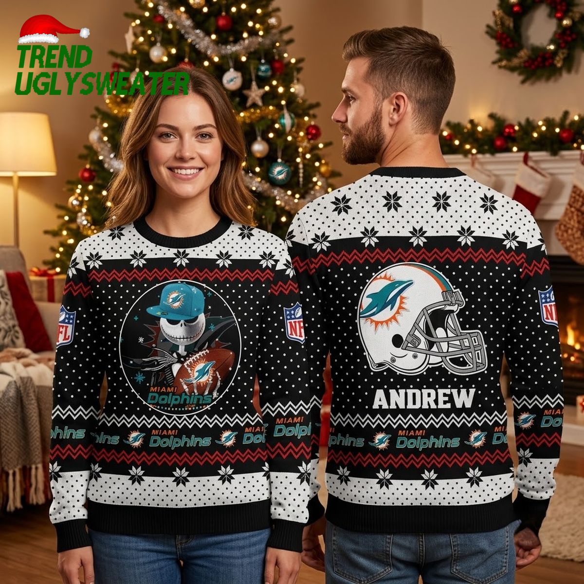 miami dolphins jack skellington ugly christmas sweater with custom name miami dolphins jack skellington ugly christmas sweater with custom name