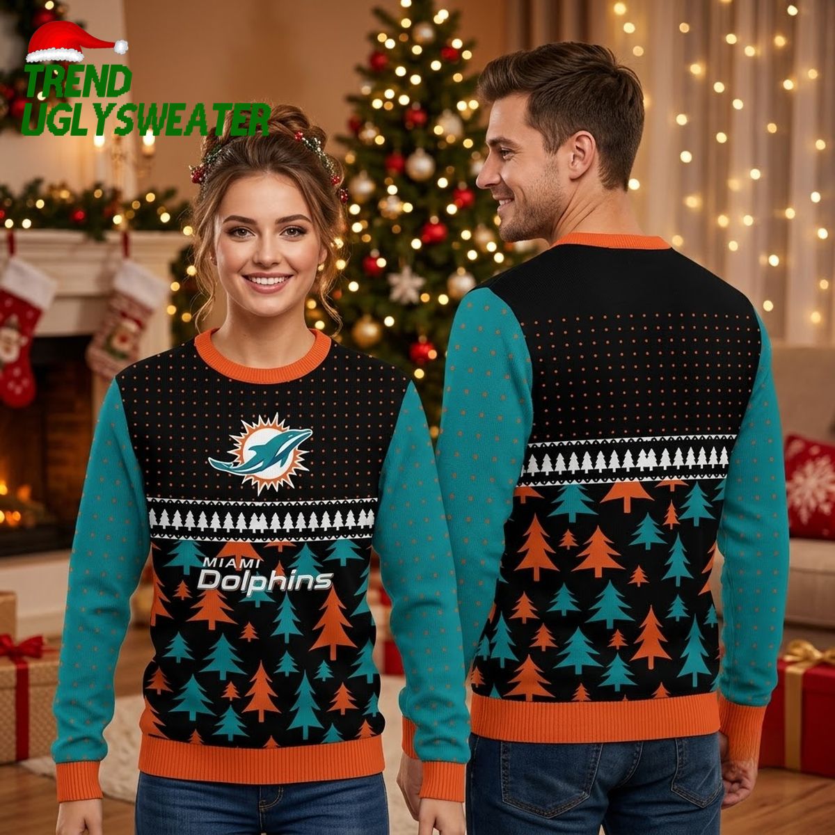 miami dolphins pine forest ugly christmas sweater miami dolphins pine forest ugly christmas sweater