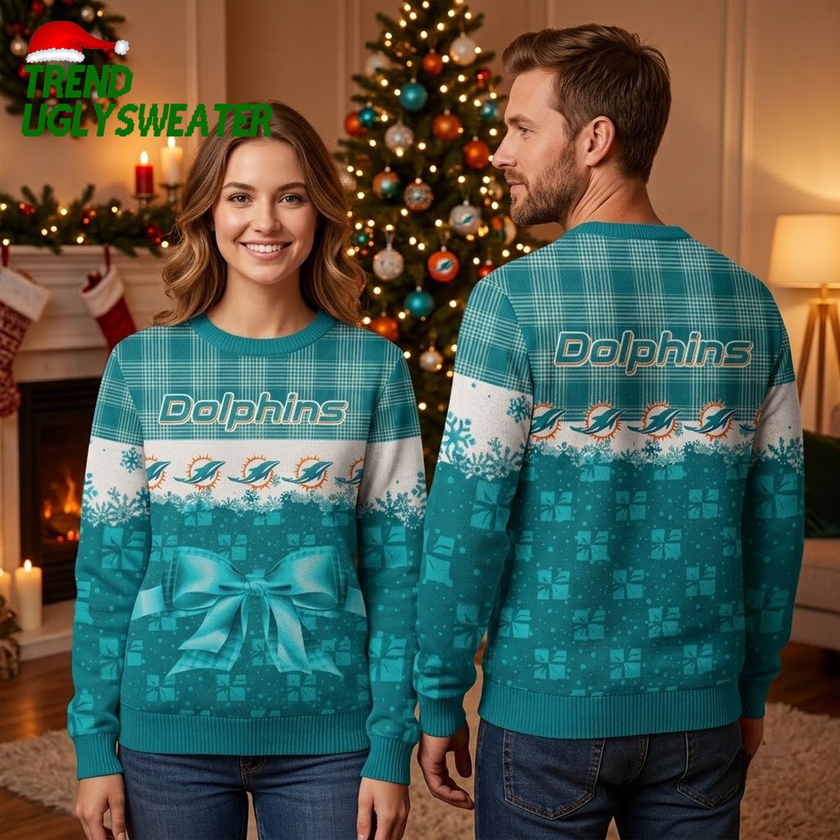 miami dolphins plaid bow ugly christmas sweater miami dolphins plaid bow ugly christmas sweater
