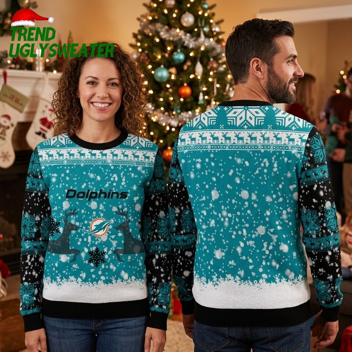 miami dolphins reindeer pattern ugly christmas sweater design miami dolphins reindeer pattern ugly christmas sweater design