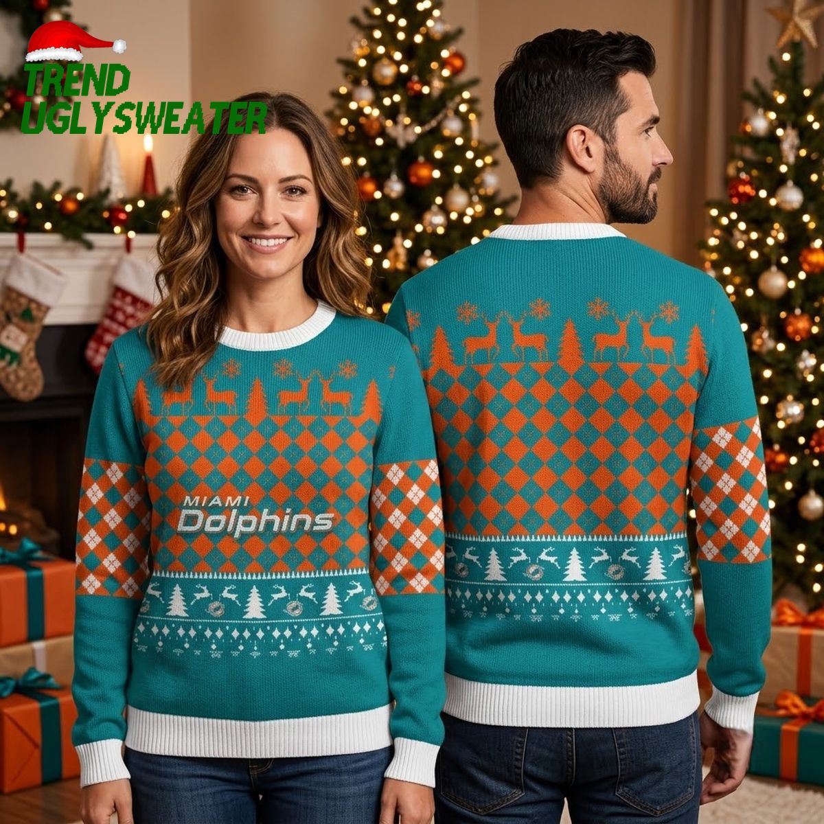 miami dolphins reindeer pattern ugly christmas sweater miami dolphins reindeer pattern ugly christmas sweater