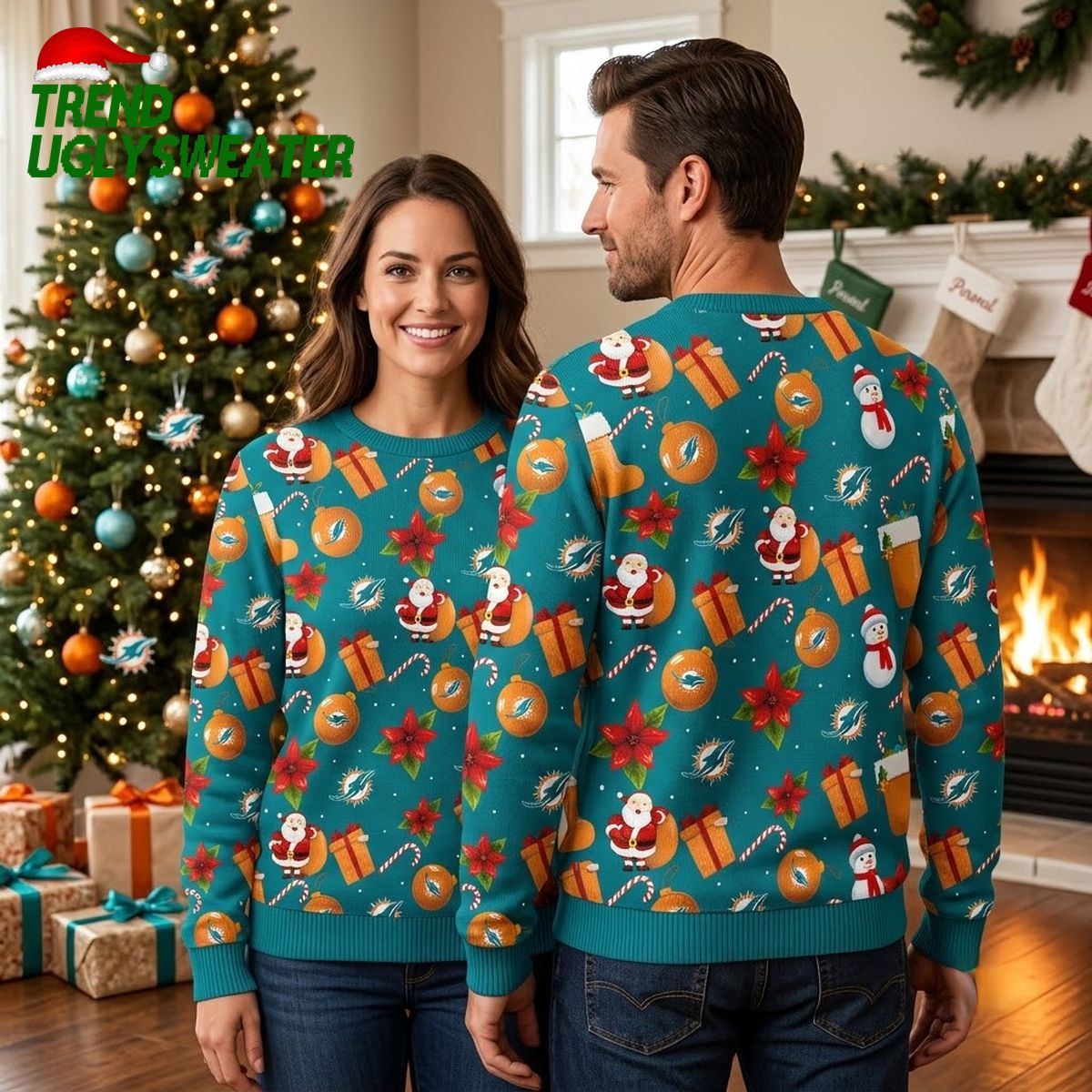 miami dolphins santa claus and snowman ugly christmas sweater miami dolphins santa claus and snowman ugly christmas sweater