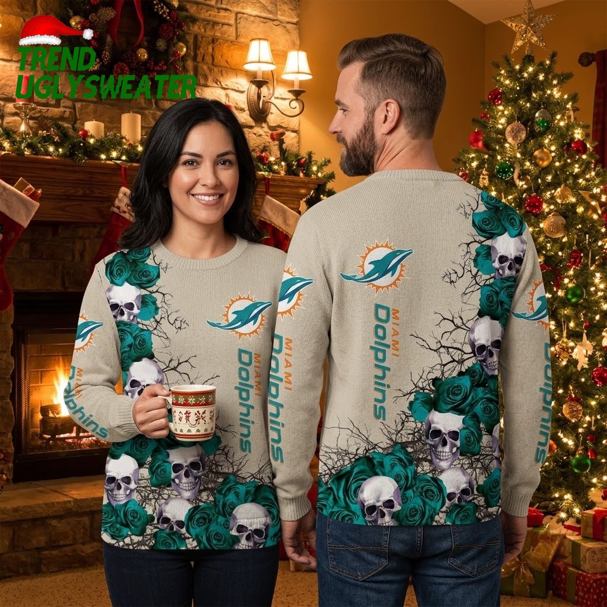 miami dolphins skull and rose graphic ugly christmas sweater miami dolphins skull and rose graphic ugly christmas sweater