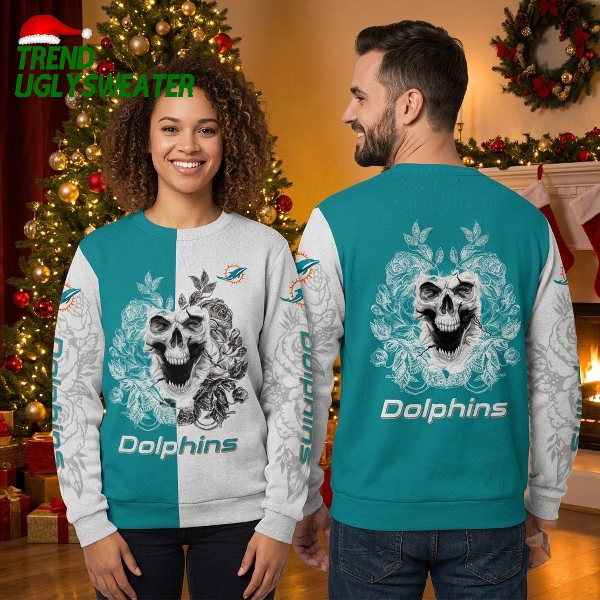 miami dolphins skull floral design ugly christmas sweater miami dolphins skull floral design ugly christmas sweater