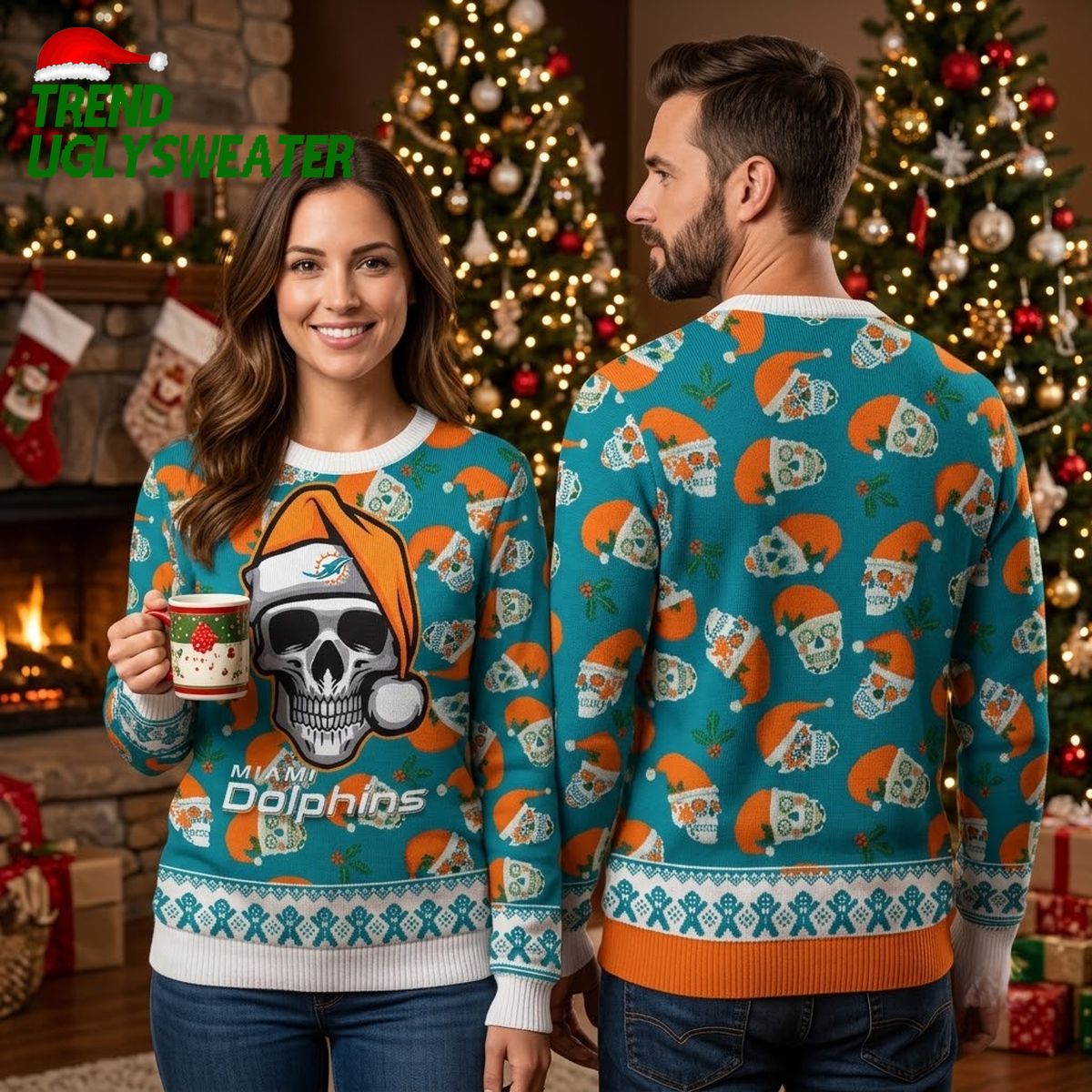 miami dolphins skull in santa hat ugly christmas sweater miami dolphins skull in santa hat ugly christmas sweater