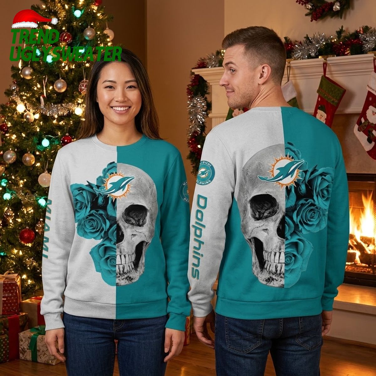 miami dolphins skull with blue roses ugly christmas sweater miami dolphins skull with blue roses ugly christmas sweater