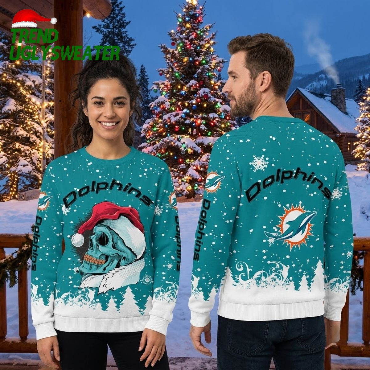 miami dolphins skull with santa hat ugly christmas sweater miami dolphins skull with santa hat ugly christmas sweater