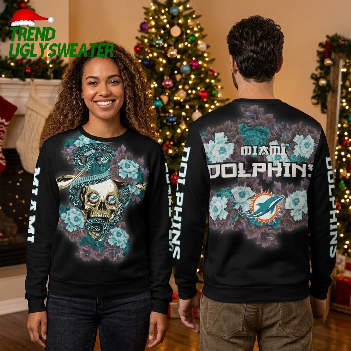 miami dolphins snake skull floral ugly christmas sweater miami dolphins snake skull floral ugly christmas sweater