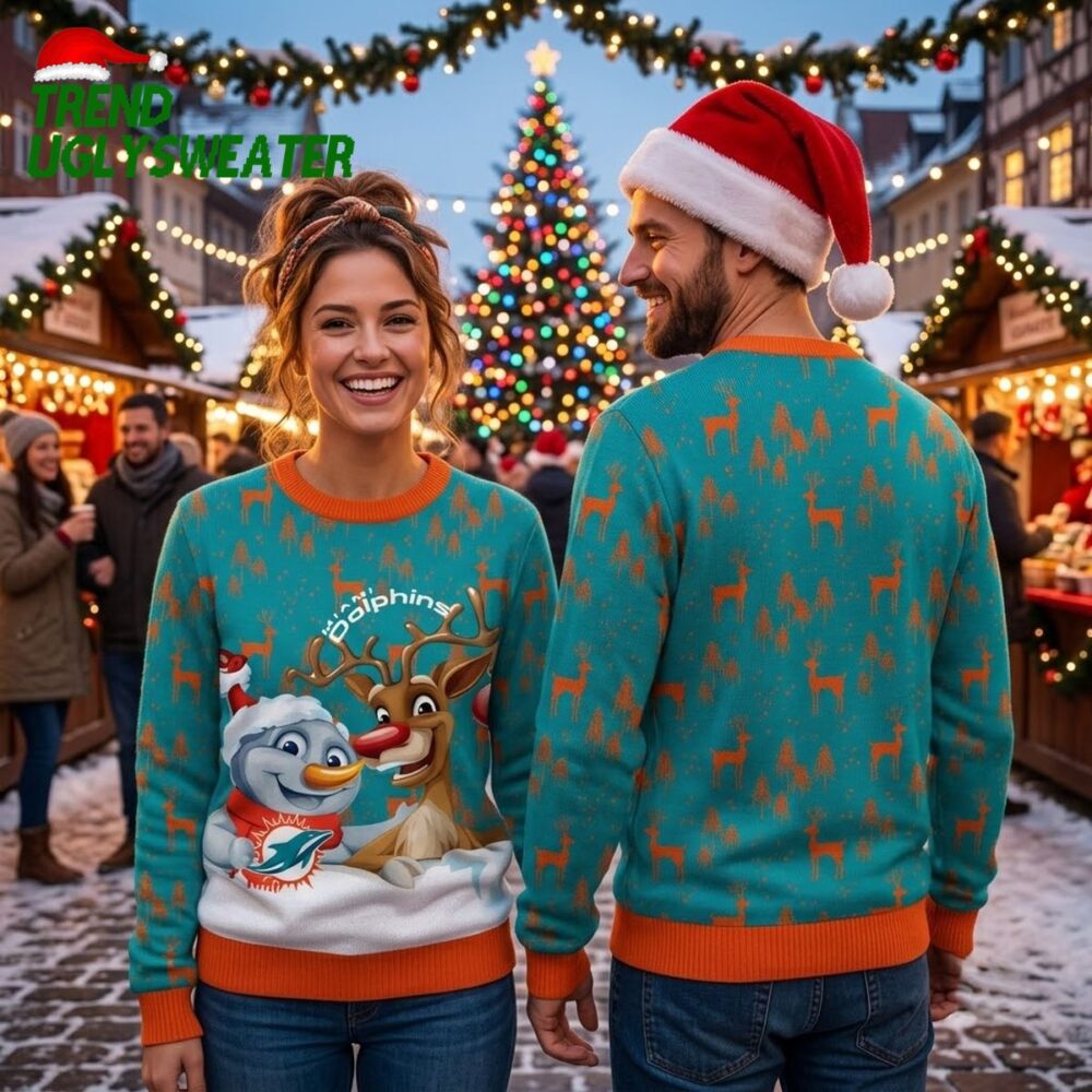 miami dolphins snowman and reindeer ugly christmas sweater