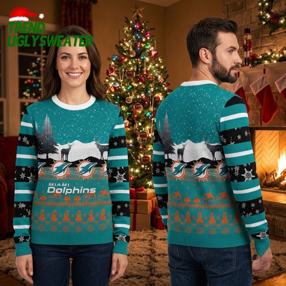 miami dolphins winter scene ugly christmas sweater