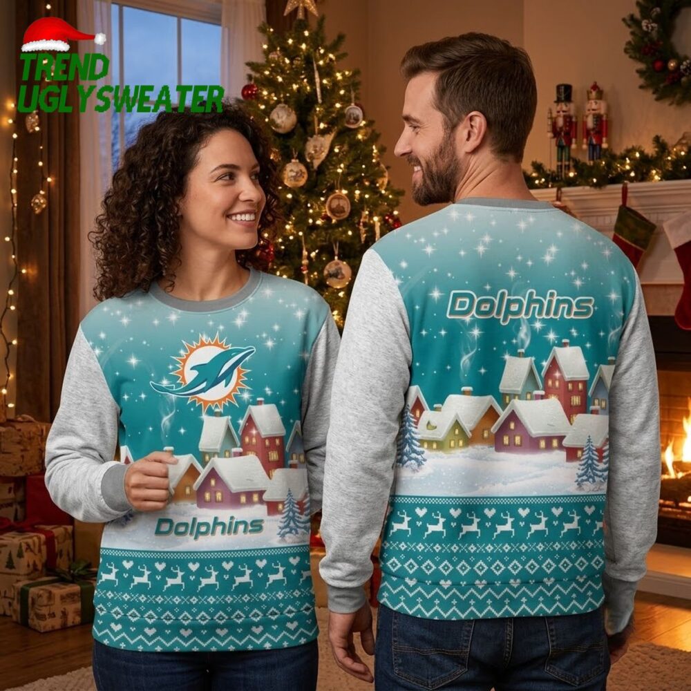 miami dolphins winter village scene ugly christmas sweater