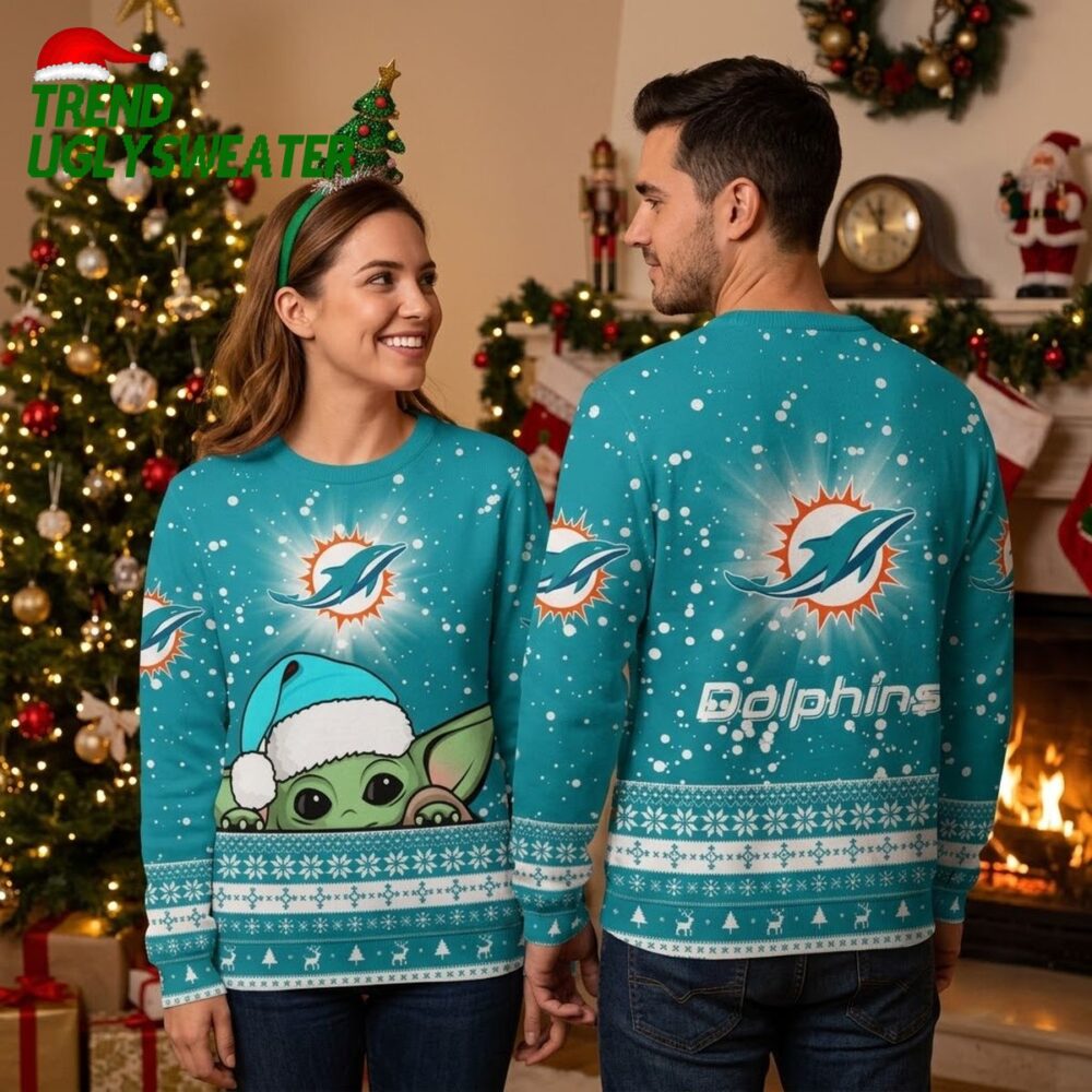 miami dolphins yoda christmas sweater with snowflakes