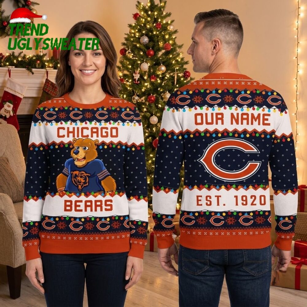 personalized chicago bears mascot custom name ugly christmas sweater