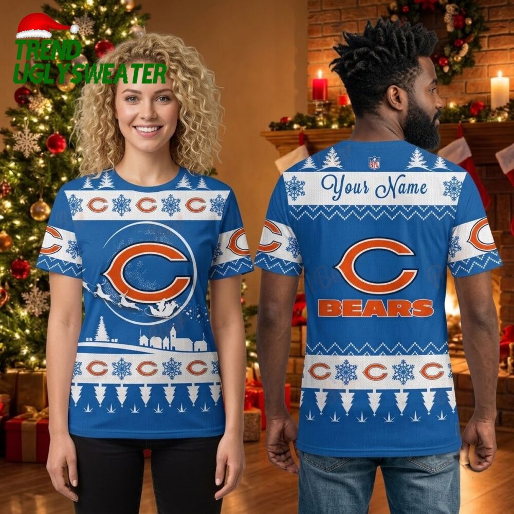 personalized chicago bears santa sleigh logo custom name ugly christmas sweater
