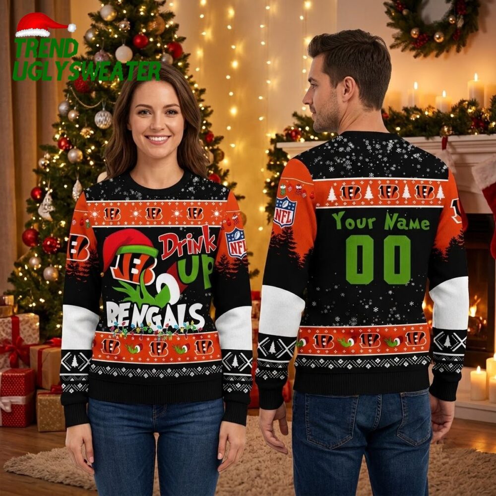 personalized cincinnati bengals grinch drink up custom name and number ugly christmas swea