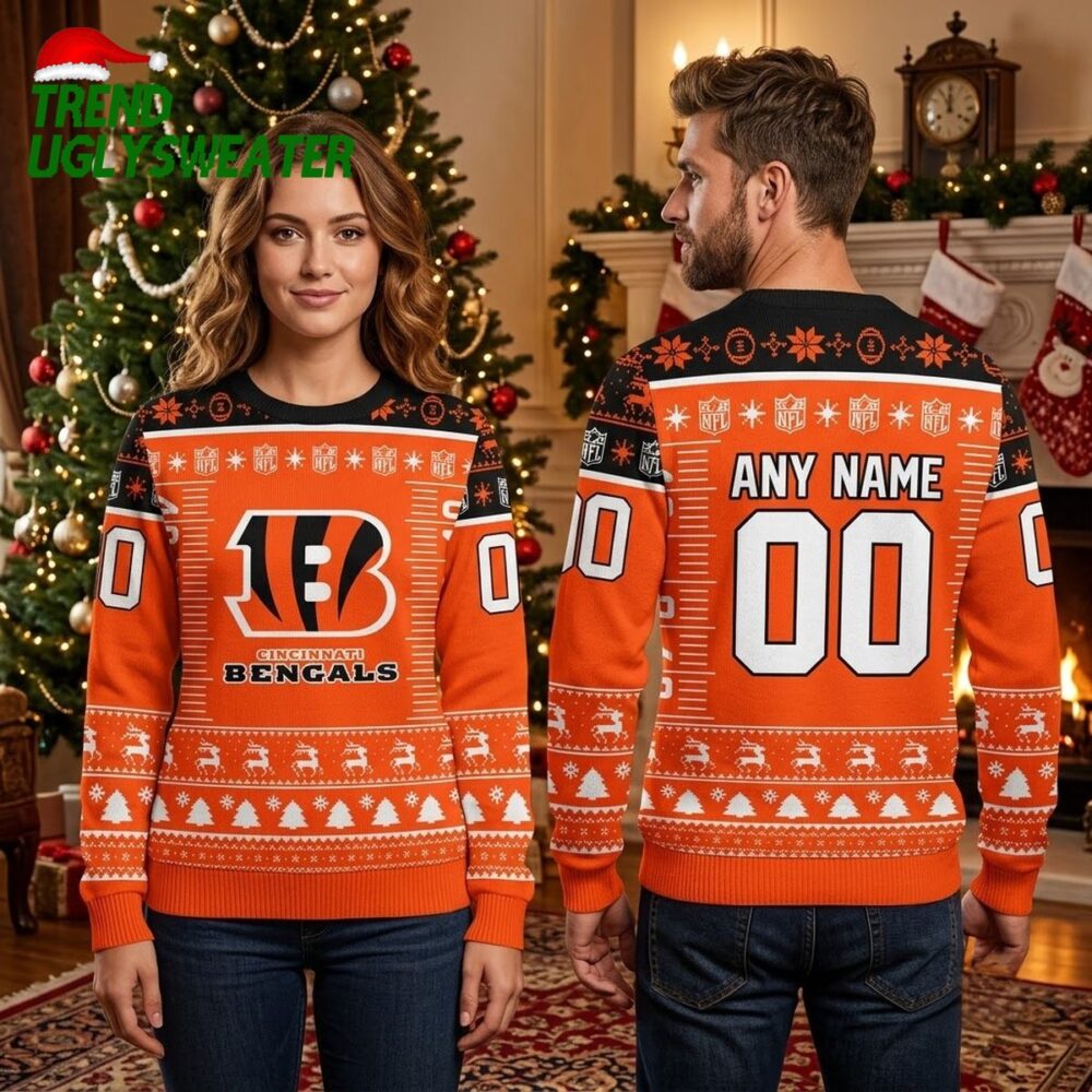 personalized cincinnati bengals logo custom name and number ugly christmas sweater