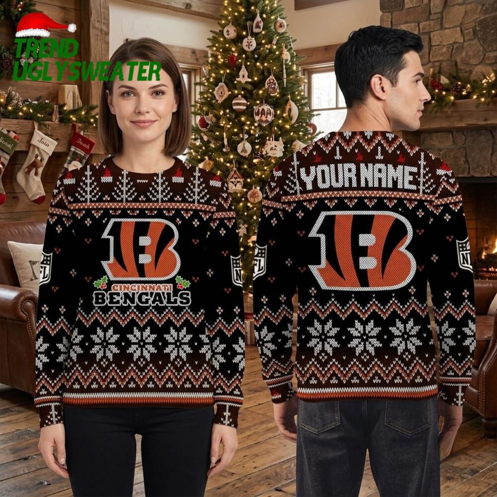 personalized cincinnati bengals logo snowflake custom name ugly christmas sweater