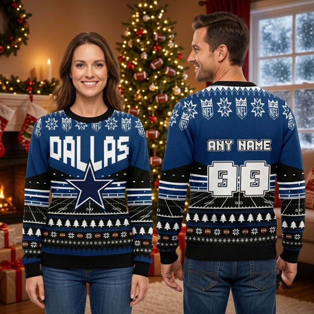 personalized dallas cowboys football field star custom name and number ugly christmas swea