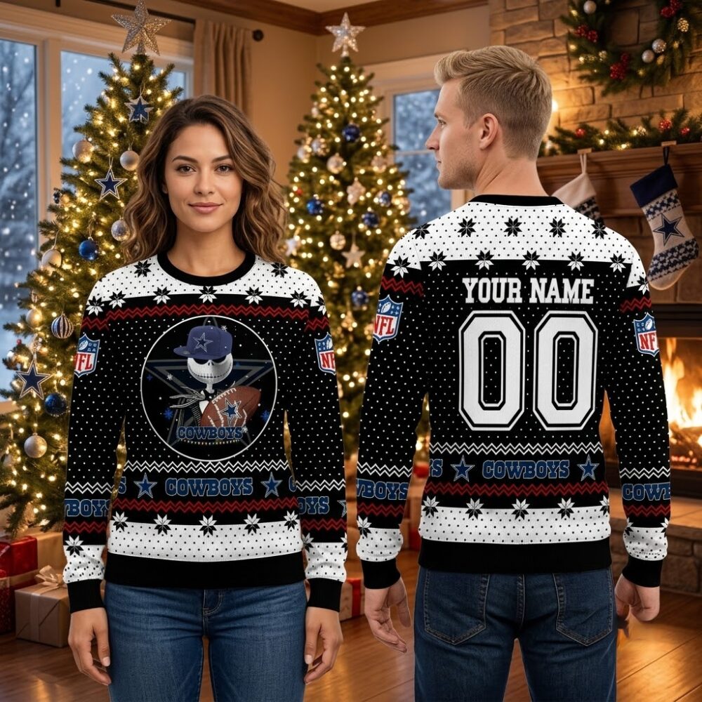 personalized dallas cowboys skeleton football mascot custom name and number ugly christmas