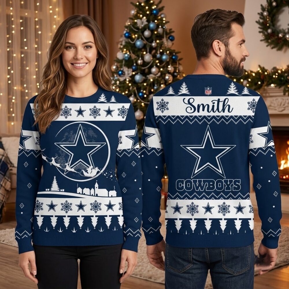 personalized dallas cowboys star santa sleigh custom name ugly christmas sweater
