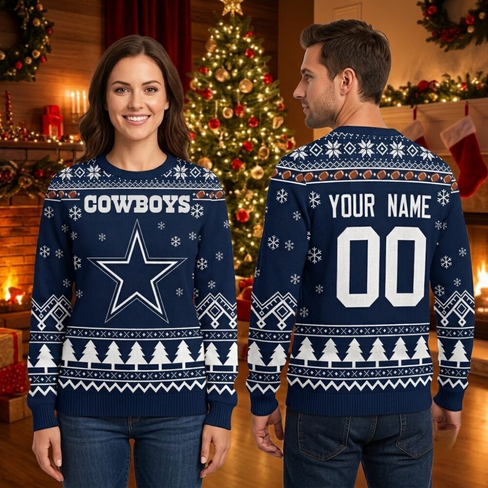 personalized dallas cowboys star snowflake custom name and number christmas sweater
