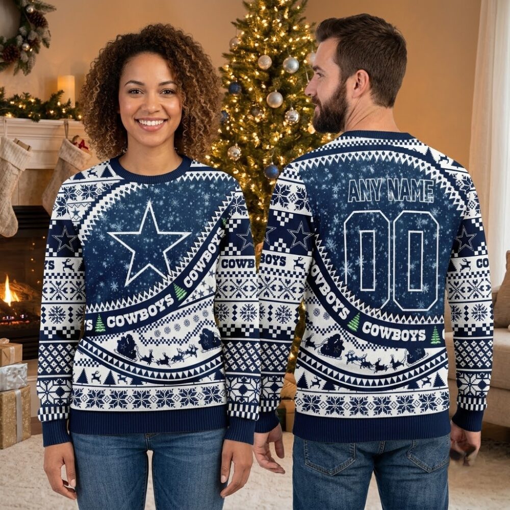 personalized dallas cowboys star snowflake custom name and number ugly christmas sweater