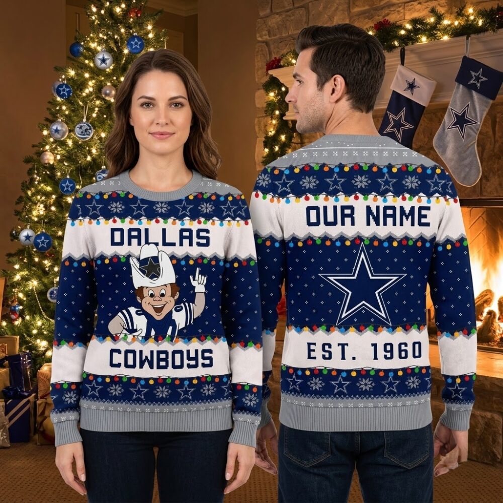 personalized dallas cowboys throwback mascot custom name ugly christmas sweater