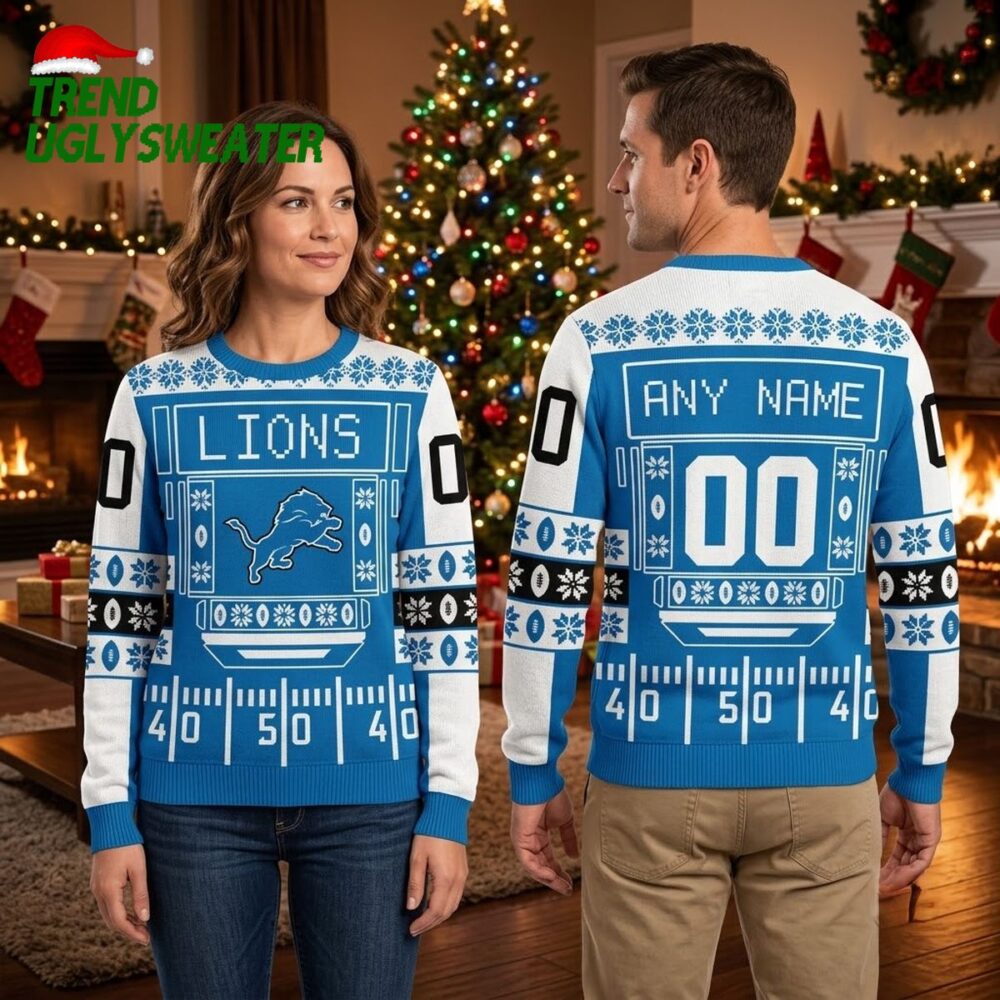 personalized detroit lions football field custom name and number ugly christmas sweater