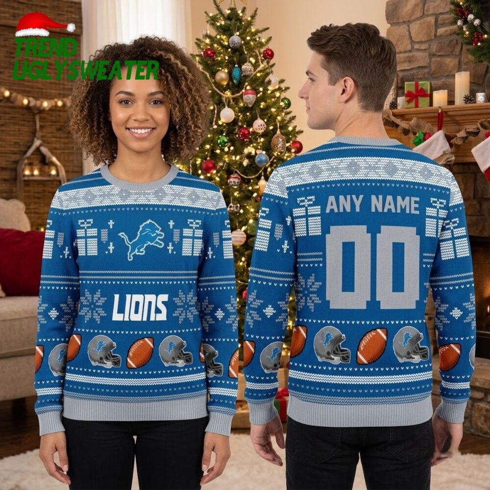 personalized detroit lions football helmet custom name and number ugly christmas sweater