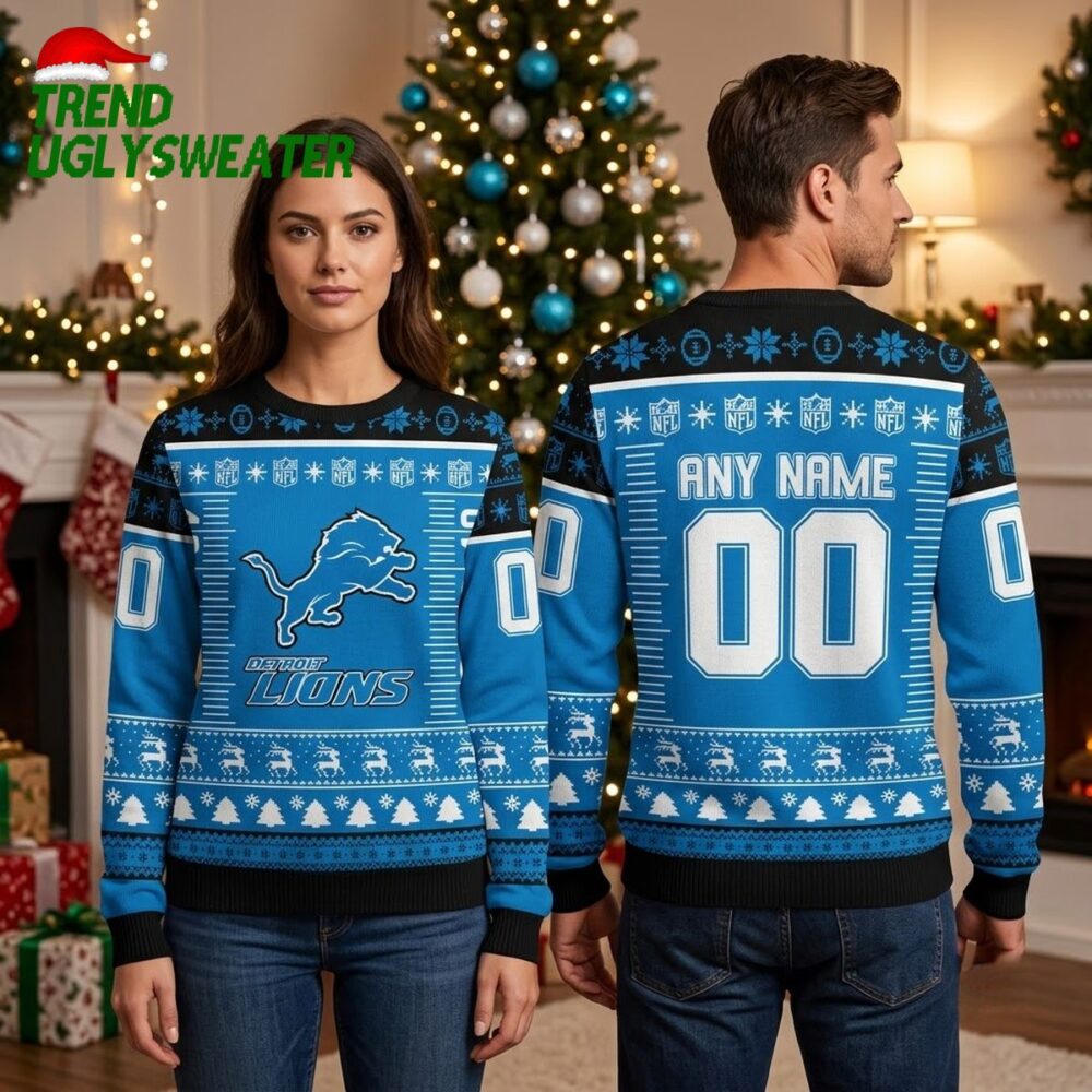 personalized detroit lions leaping lion custom name and number ugly christmas sweater
