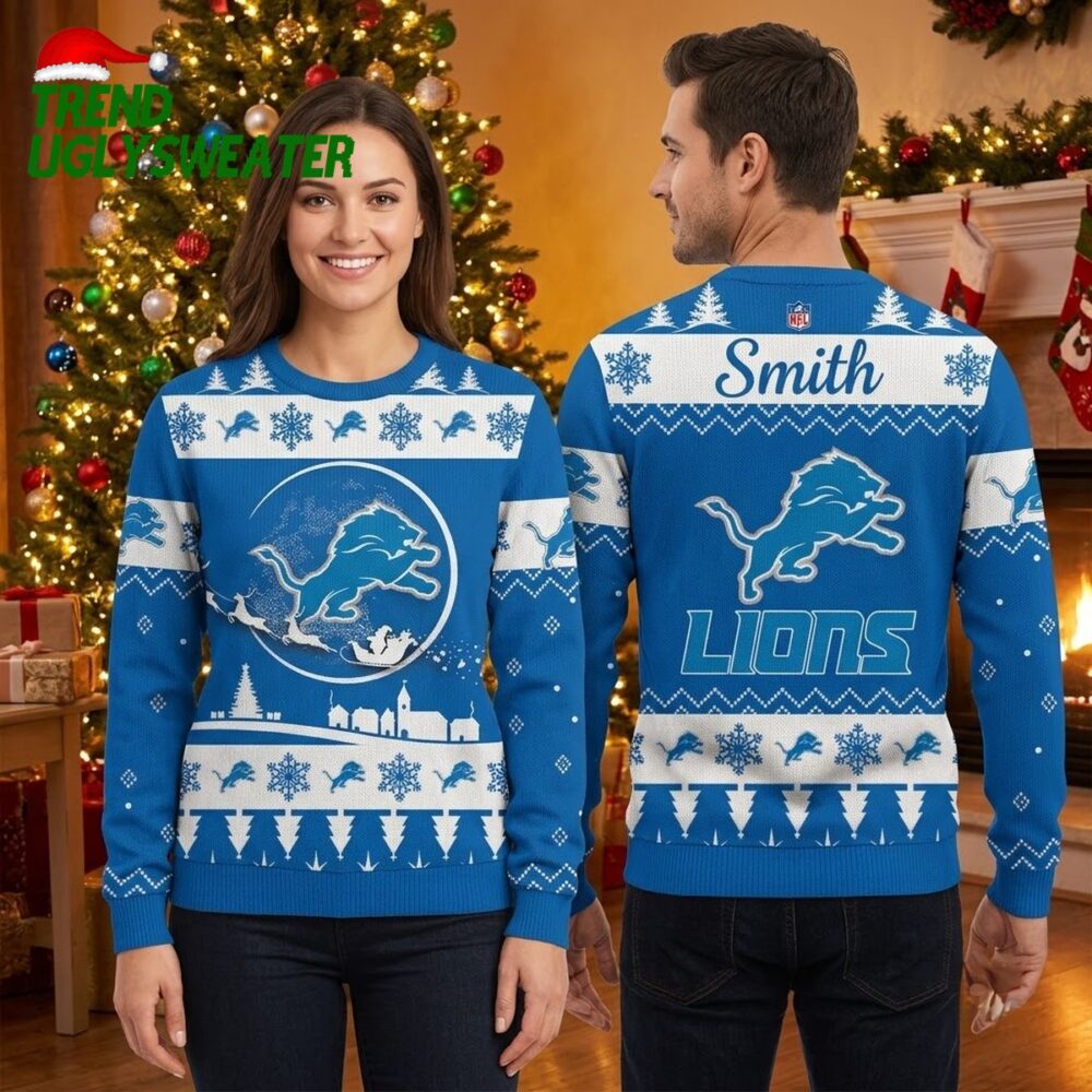 personalized detroit lions leaping lion custom name ugly christmas sweater