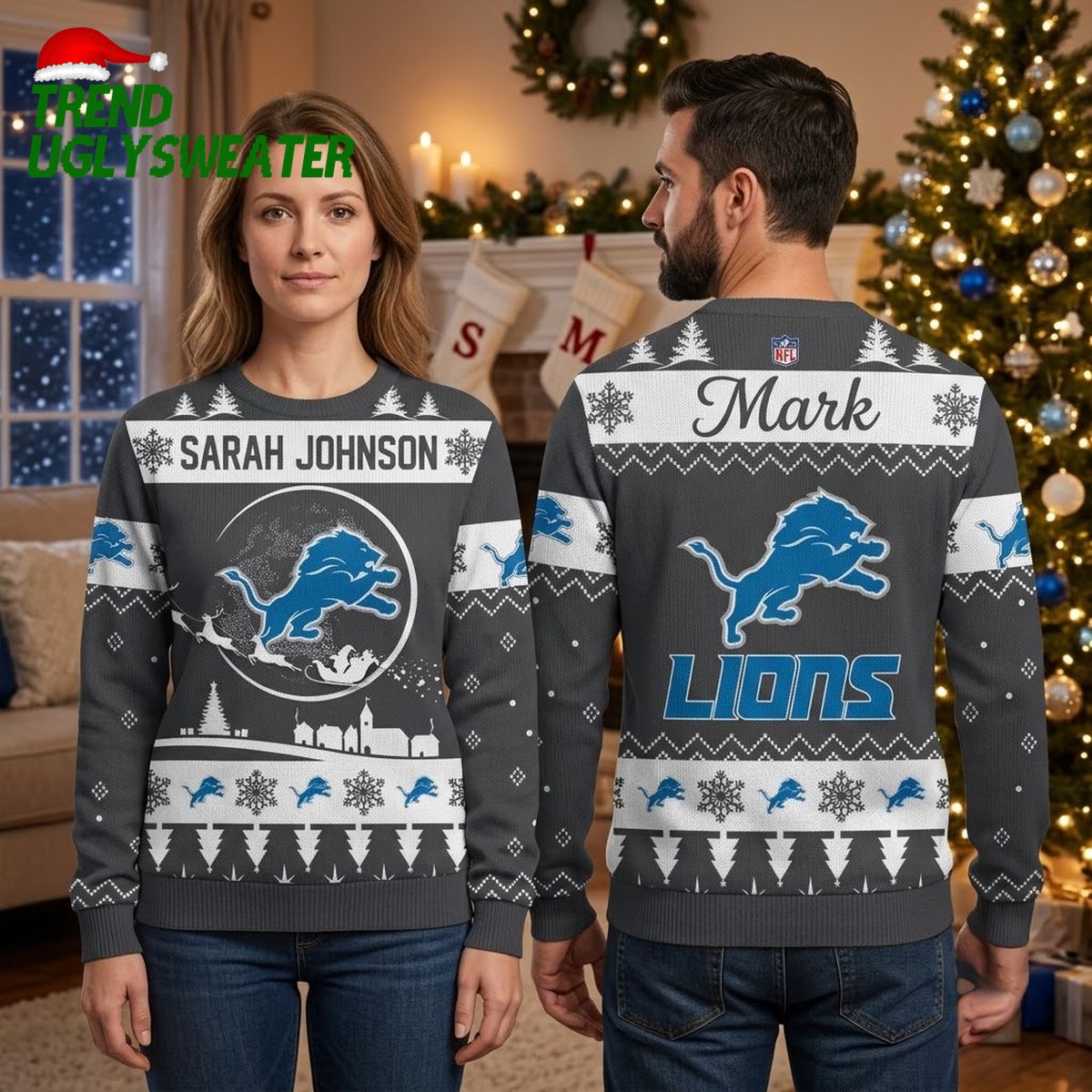 personalized detroit lions leaping lion custom name ugly christmas sweater game day gift personalized detroit lions leaping lion custom name ugly christmas sweater game day gift