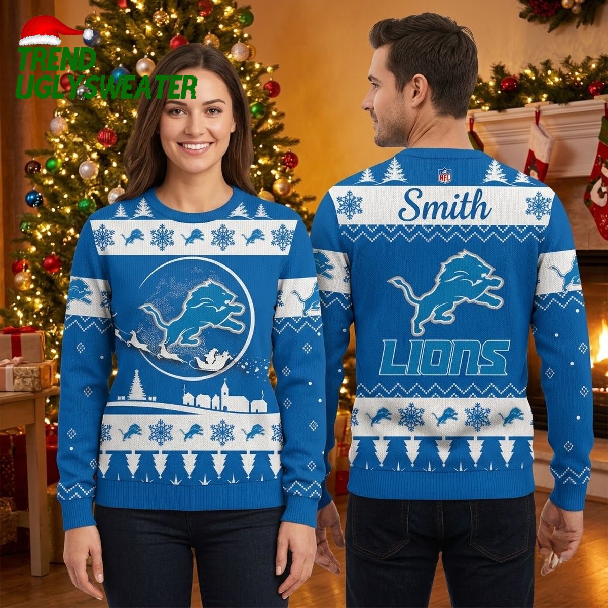 personalized detroit lions leaping lion custom name ugly christmas sweater personalized detroit lions leaping lion custom name ugly christmas sweater