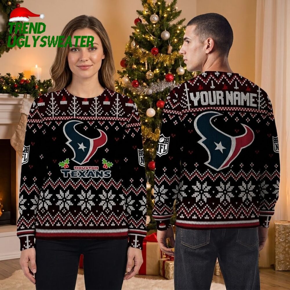 personalized houston texans bull logo custom name ugly christmas sweater