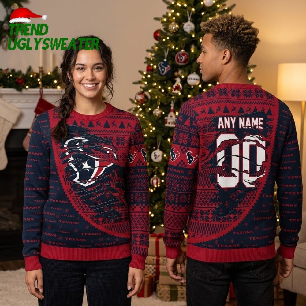 personalized houston texans bull logo custom name ugly christmas sweater game day gift
