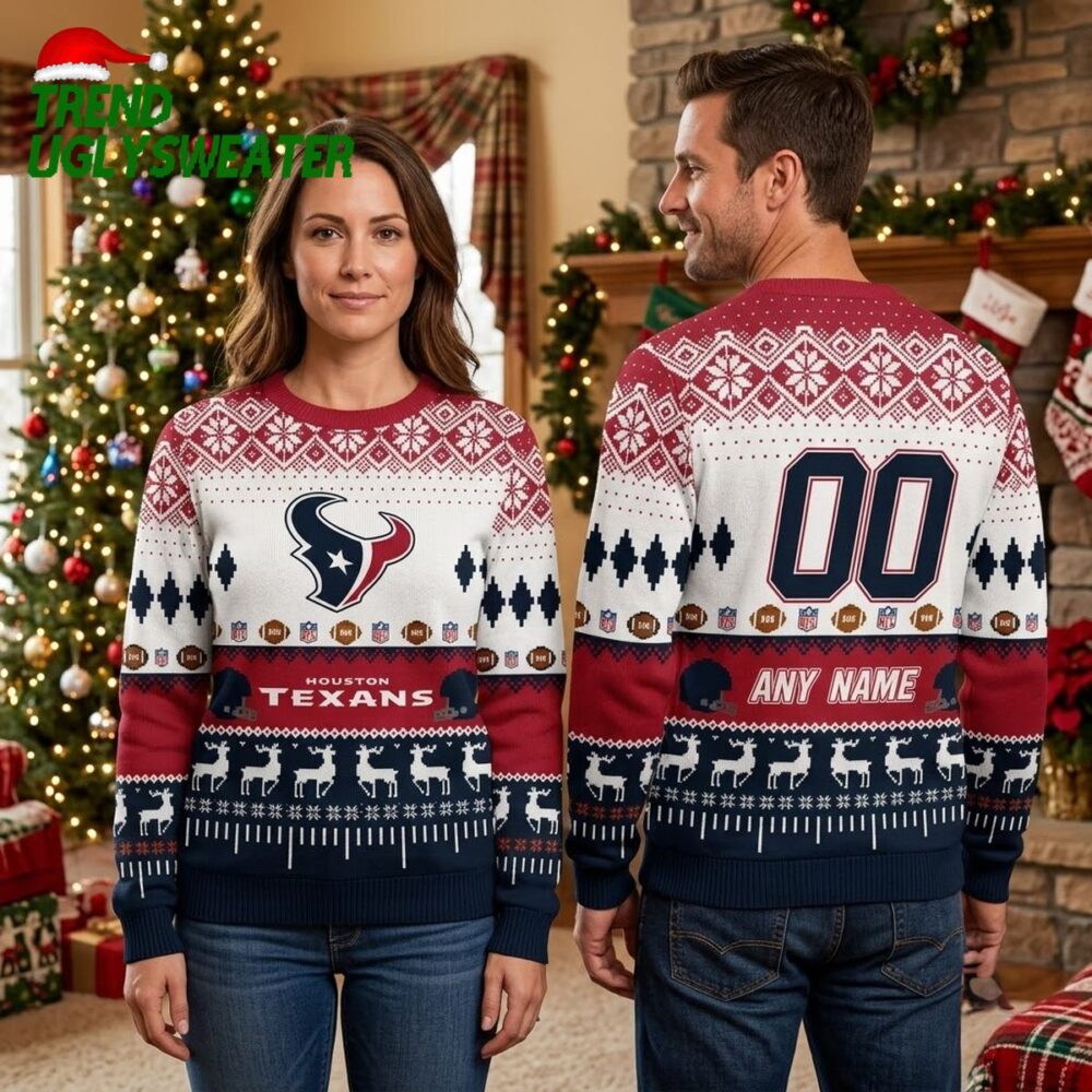 personalized houston texans football field custom name and number ugly christmas sweater g