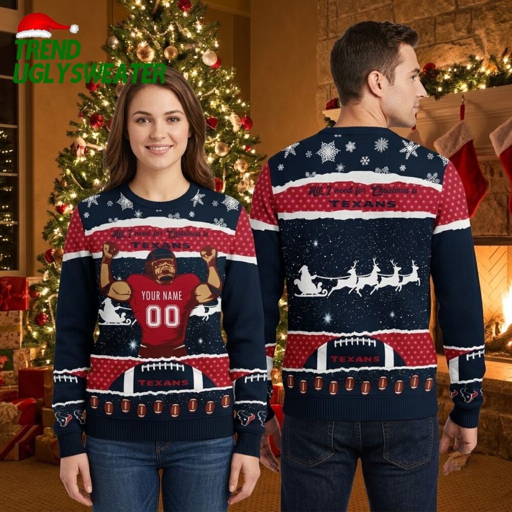 personalized houston texans football player custom name and number ugly christmas sweater