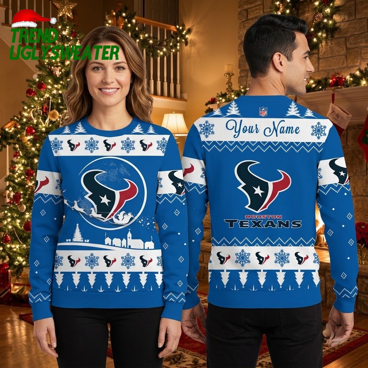 personalized houston texans reindeer logo custom name ugly christmas sweater personalized houston texans reindeer logo custom name ugly christmas sweater