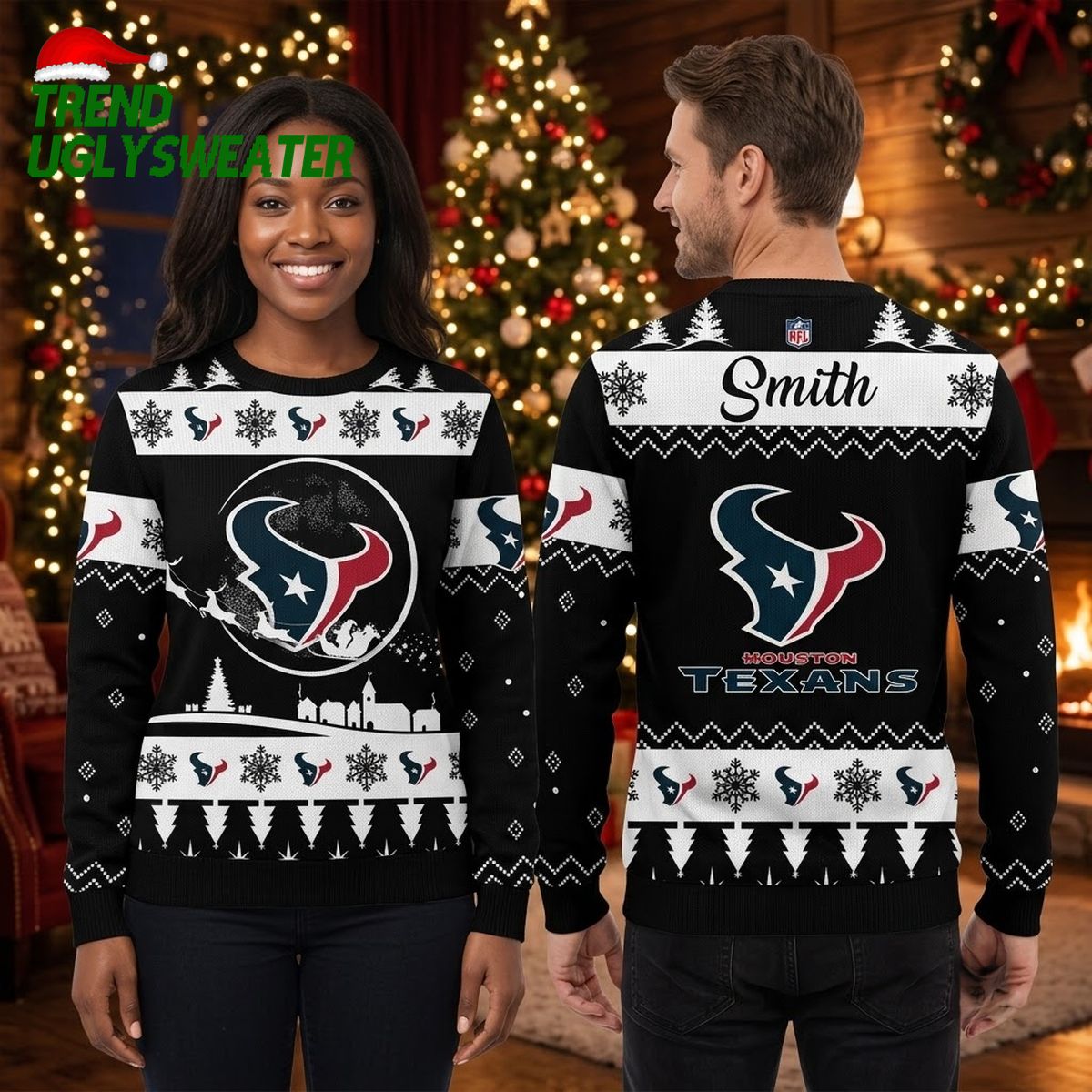 personalized houston texans santa sleigh custom name ugly christmas sweater game day gift personalized houston texans santa sleigh custom name ugly christmas sweater game day gift