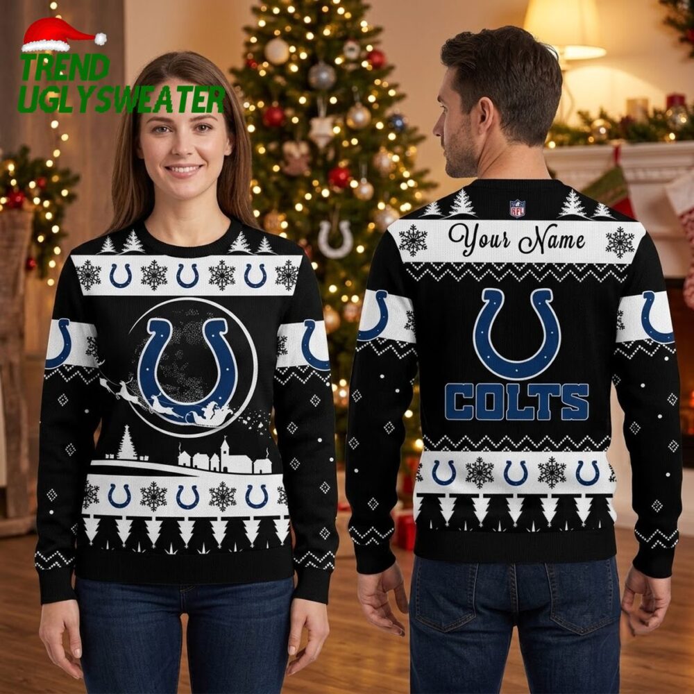 personalized indianapolis colts horseshoe snowflake custom name ugly christmas sweater gif