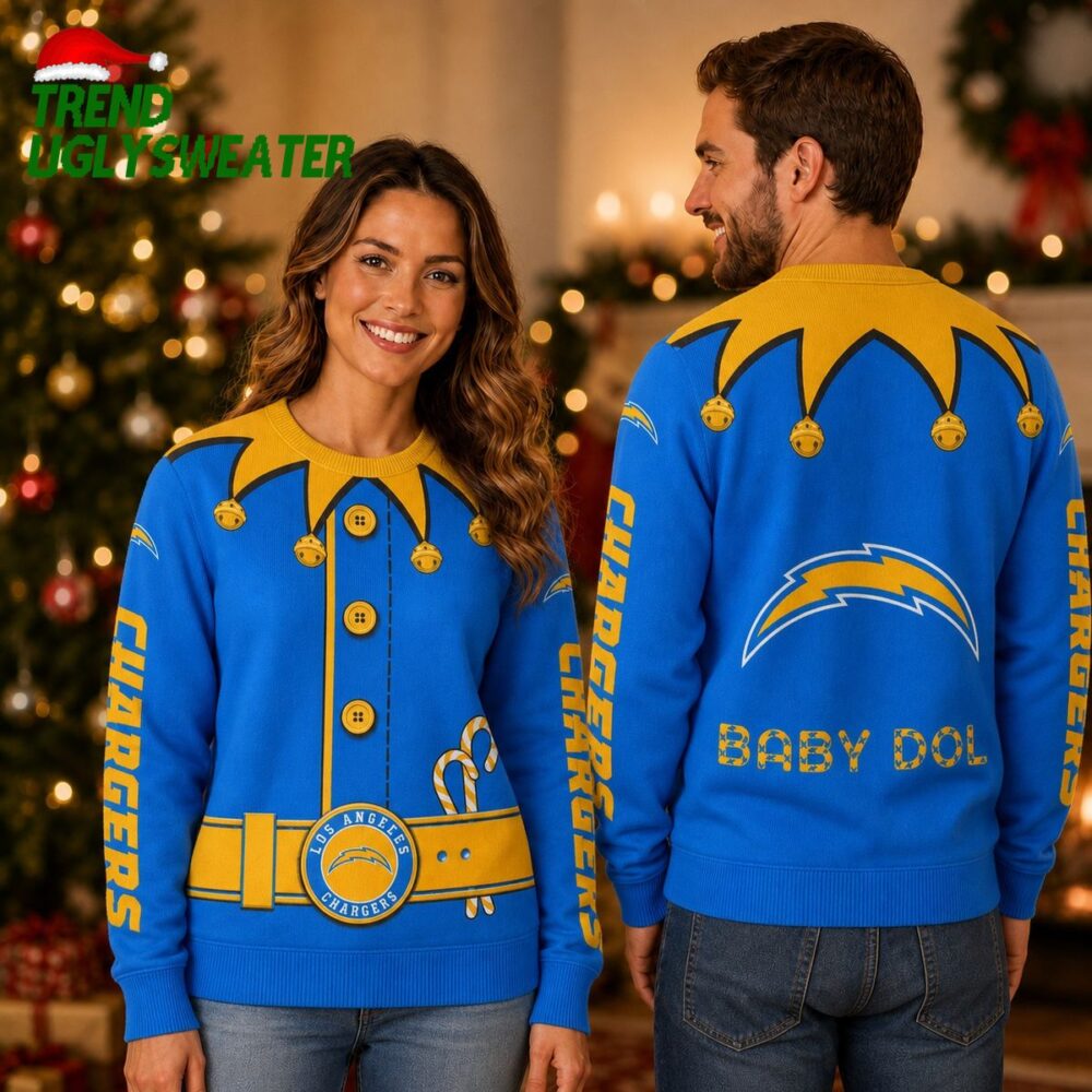 personalized los angeles chargers christmas elf costume custom name ugly christmas sweater