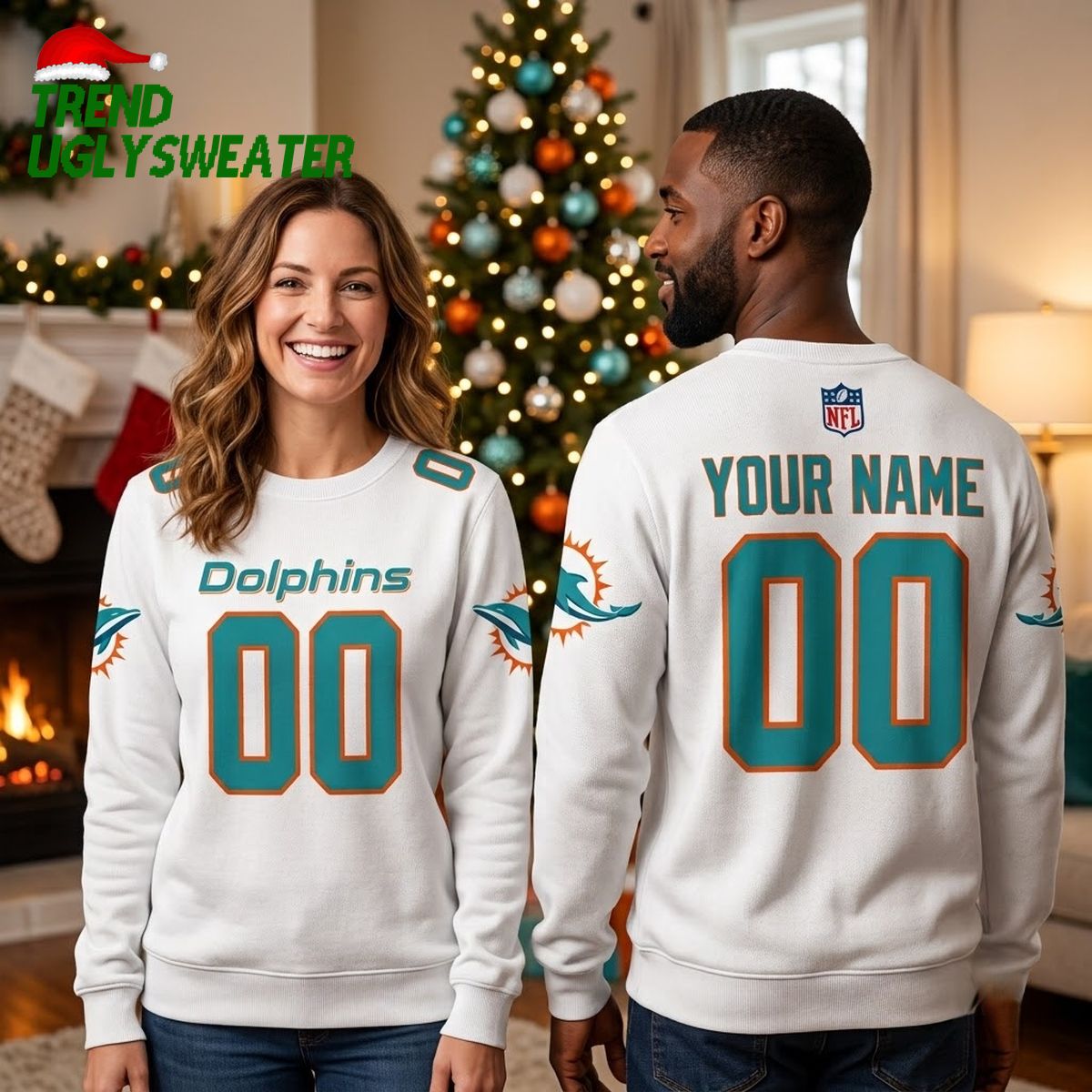 personalized miami dolphins logo ugly christmas sweater with custom name and number personalized miami dolphins logo ugly christmas sweater with custom name and number
