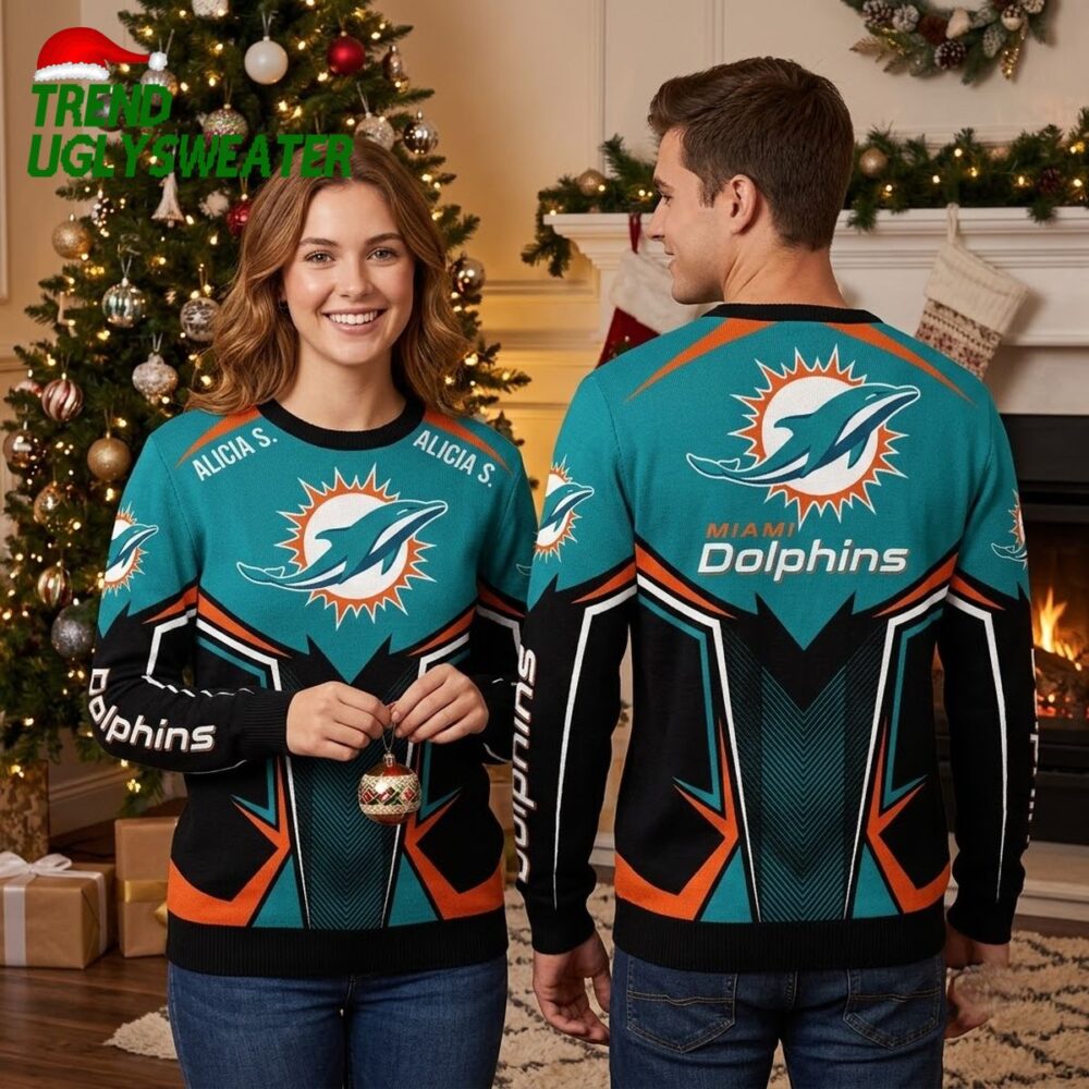 personalized miami dolphins ugly christmas sweater with custom name