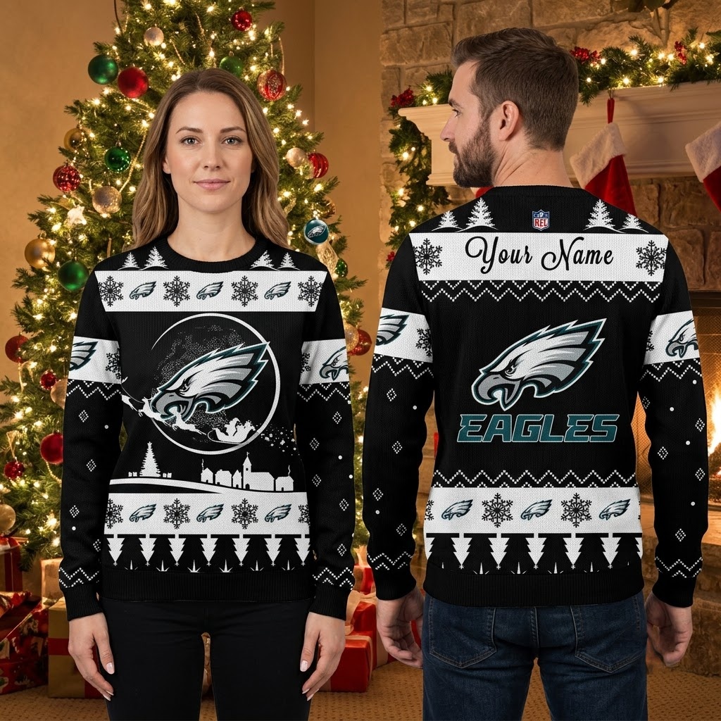personalized philadelphia eagles moon logo custom name ugly christmas sweater personalized philadelphia eagles moon logo custom name ugly christmas sweater